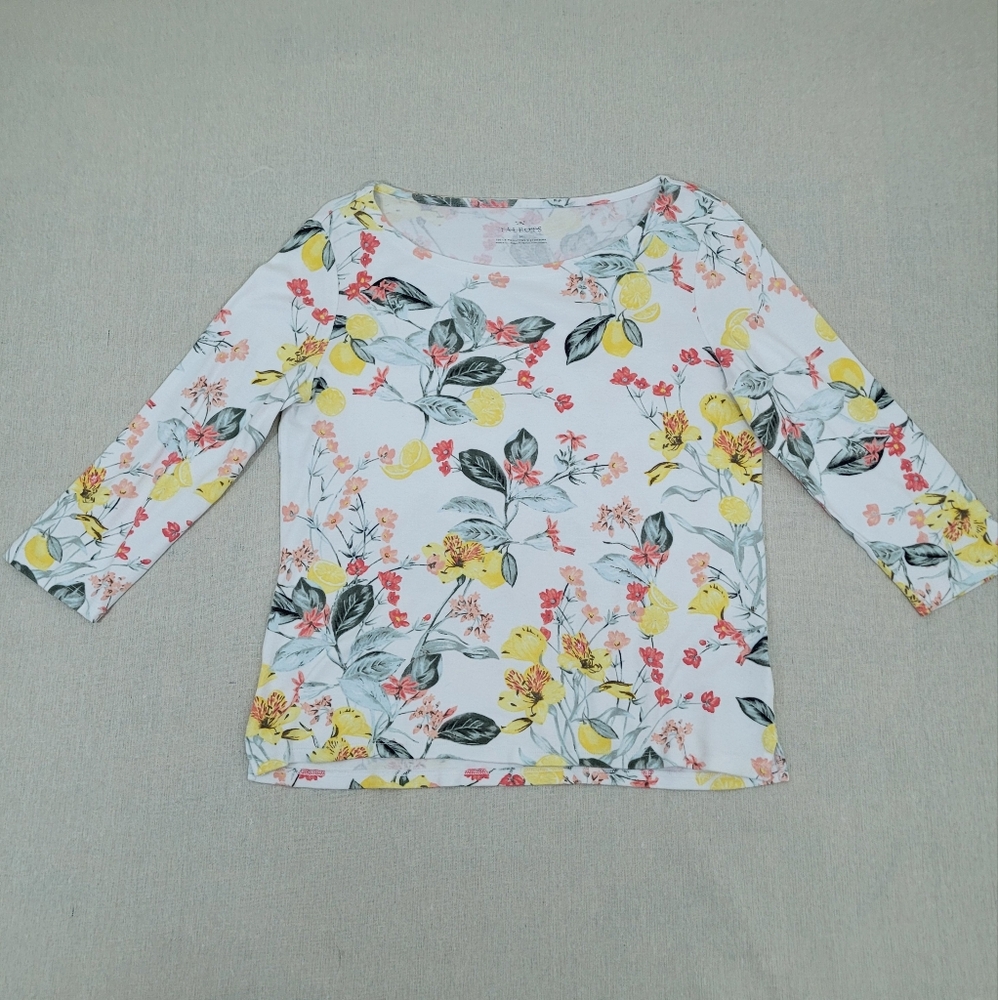 TALBOTS Women's Size Medium Pink Yellow Orange Floral Pattern Soft - Pima Cotton